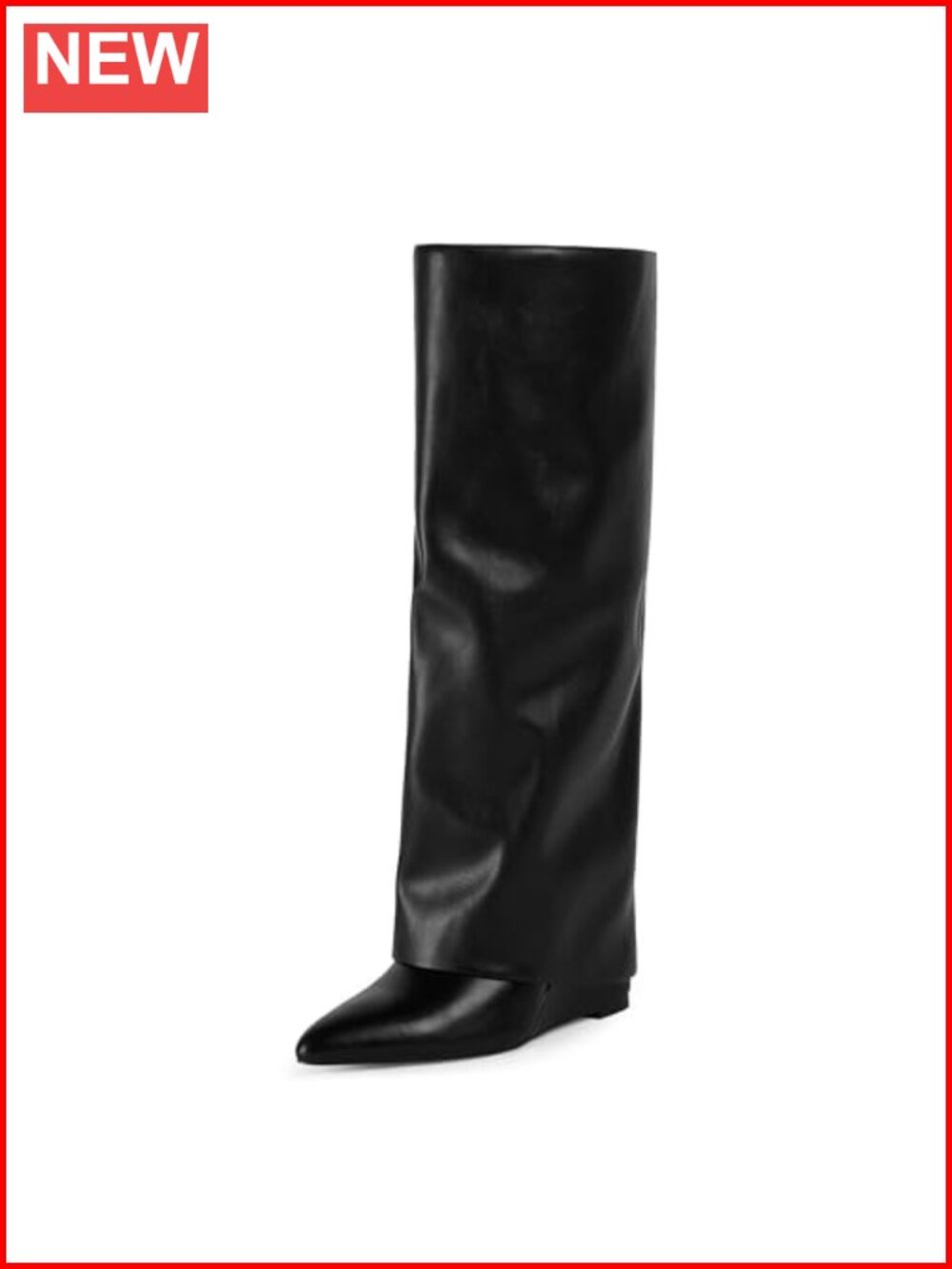 Knee High Fold Over Boots Wedge Heel Pointed Toe Tall Boots Faux Leather